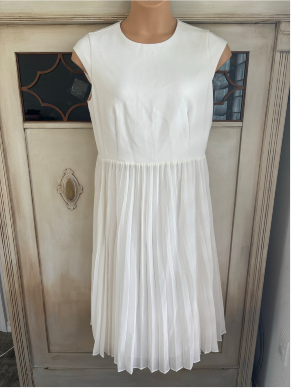 NWT Ann Taylor Ivory Midi Dress with Accordion Skirt | Sz 12